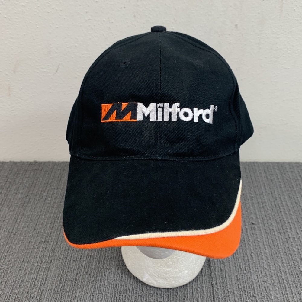 Milford Baseball Hat Mens Adjustable Black Orange Strapback Cap Bullet Line